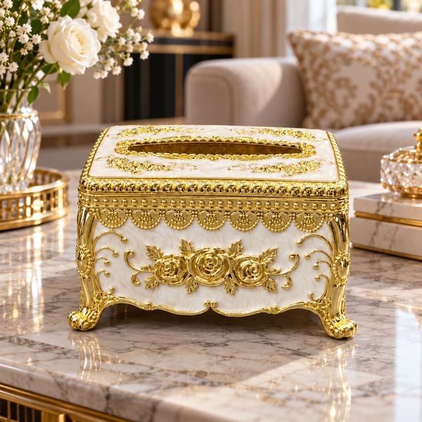 Ornate Rose Tissue Box Cover – Ivory & Gold