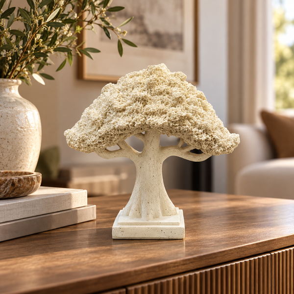 Cream sculptural tree ornament on a modern console