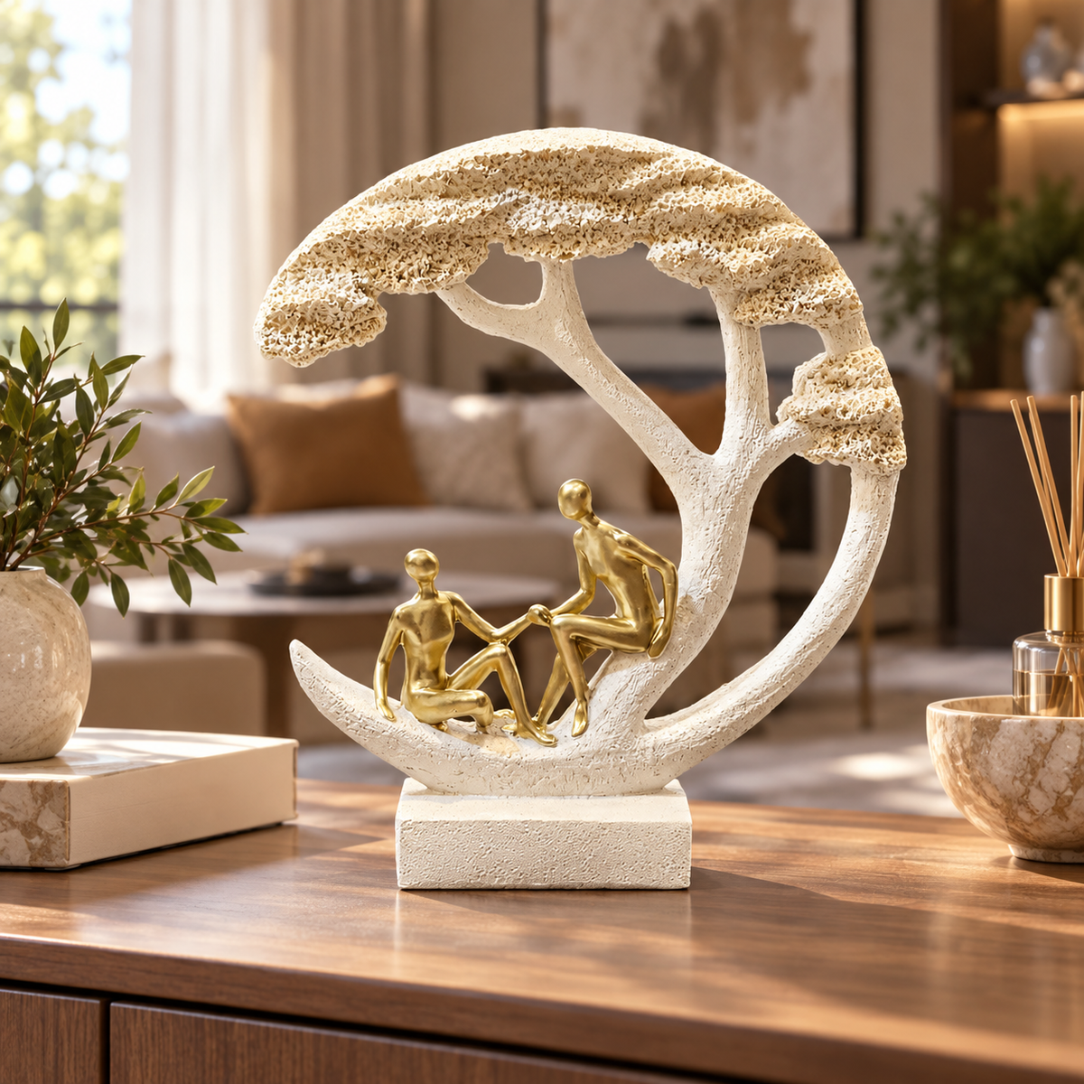 Cream and gold couple under tree sculpture