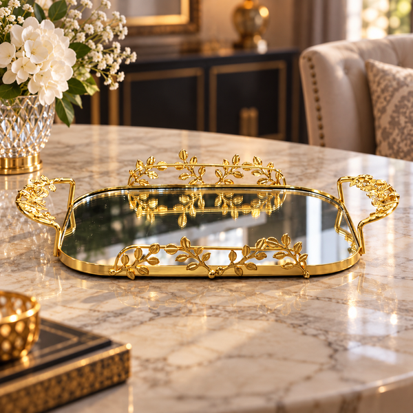 Botanical Oval Mirrored Serving Tray – Gold