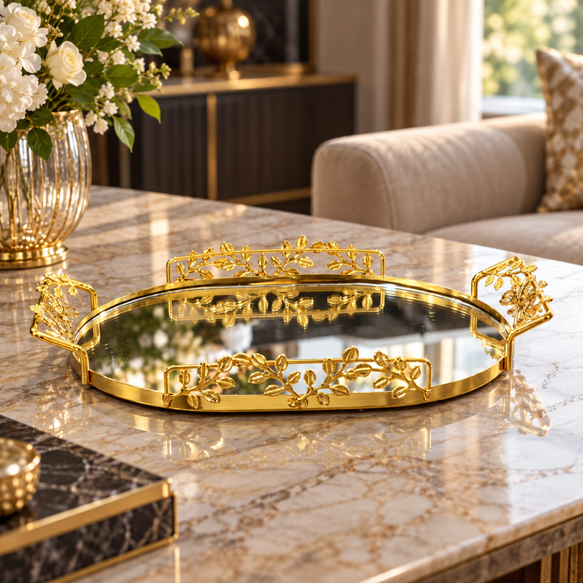 Botanical Elongated Oval Mirrored Serving Tray – Gold