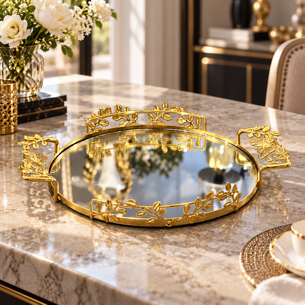 Botanical Round Mirrored Serving Tray – Gold