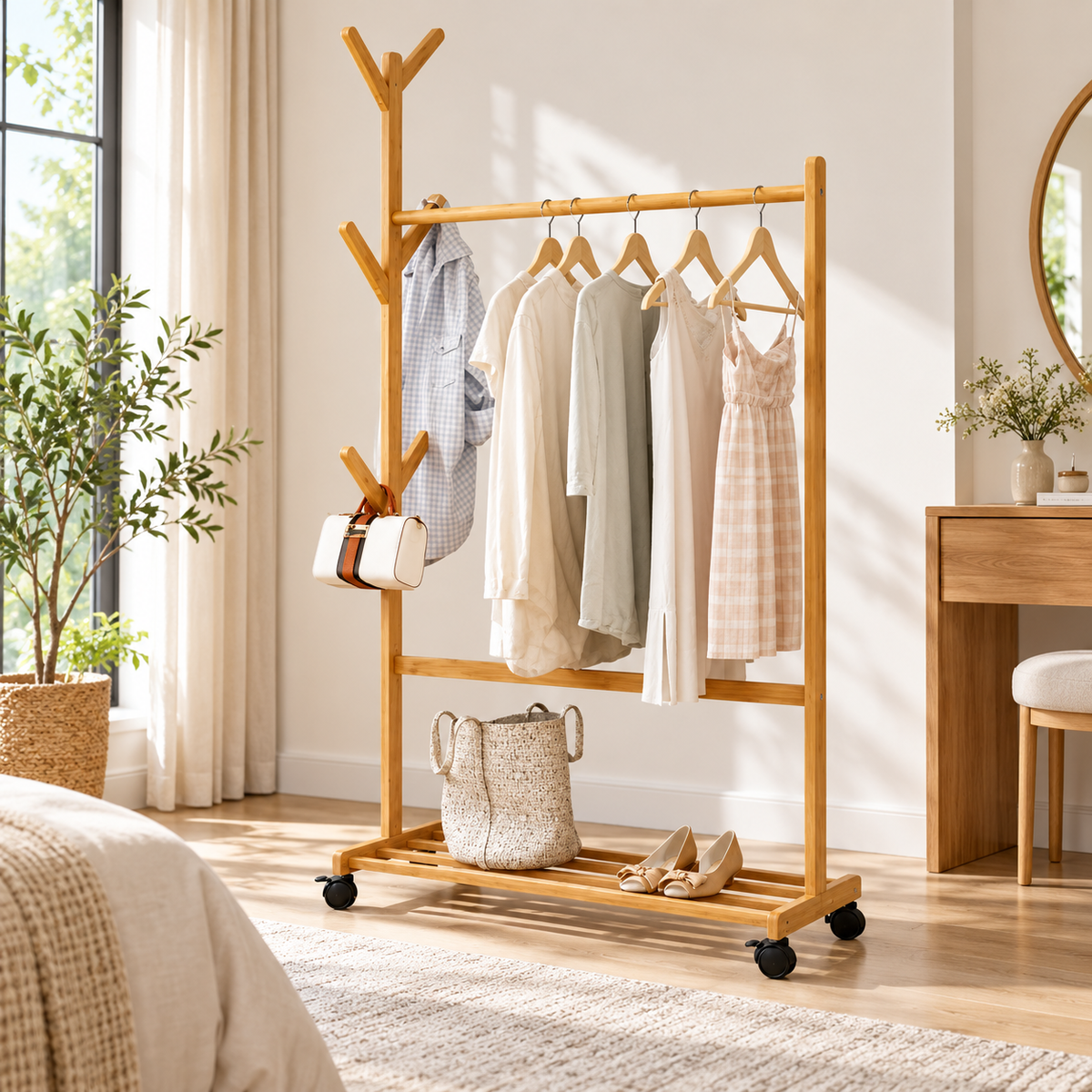 Bamboo Rolling Clothes Rack with Hooks & Shoe Shelf