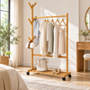 Bamboo Rolling Clothes Rack with Hooks & Shoe Shelf