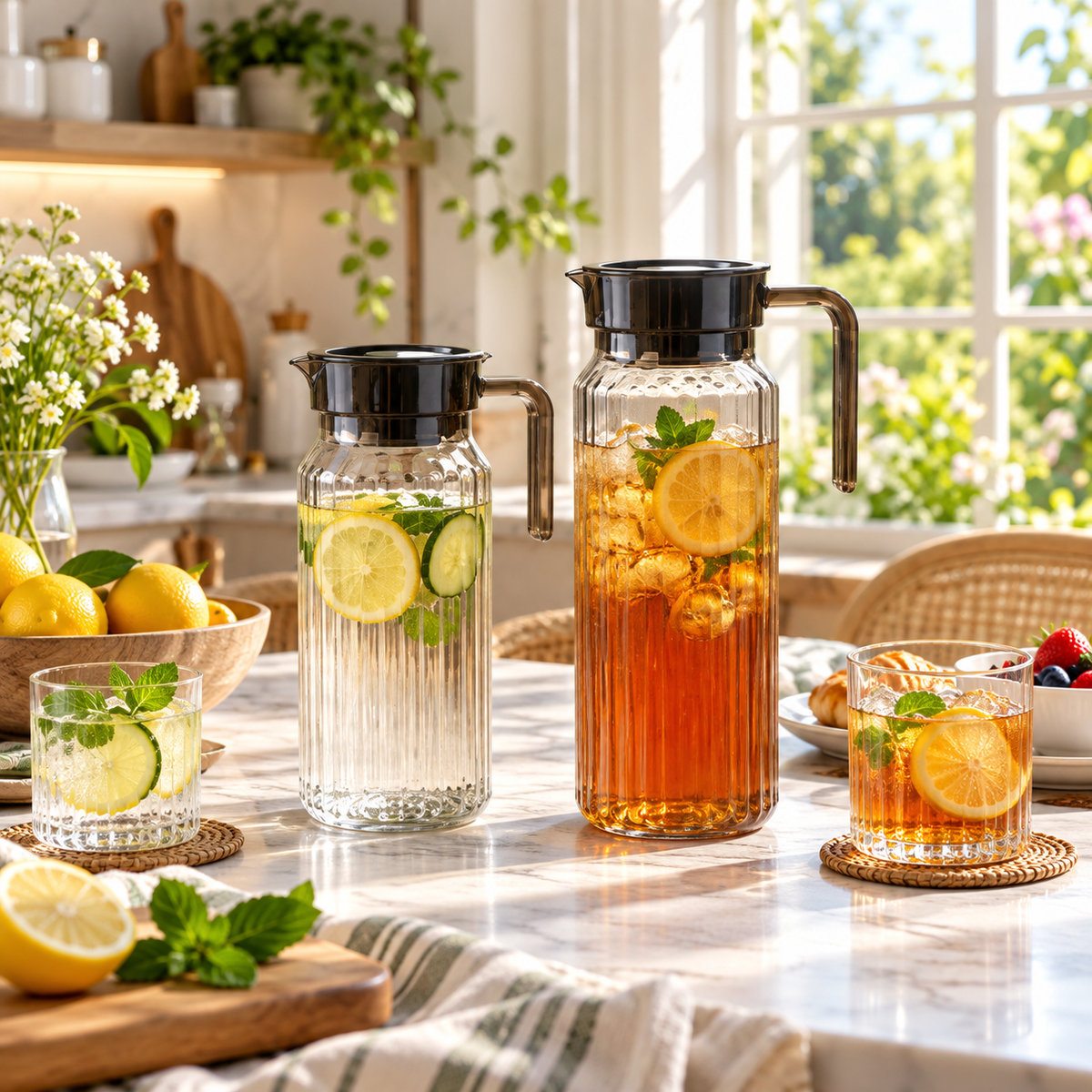 Modern slim ribbed plastic jugs in 1000ml and 1200ml
