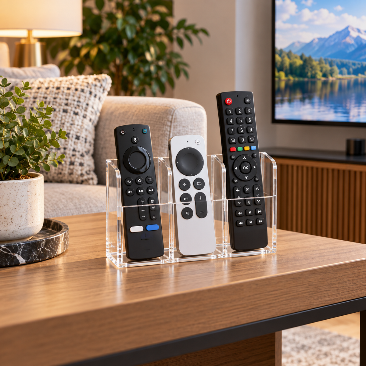 Clear acrylic three-slot remote control holder