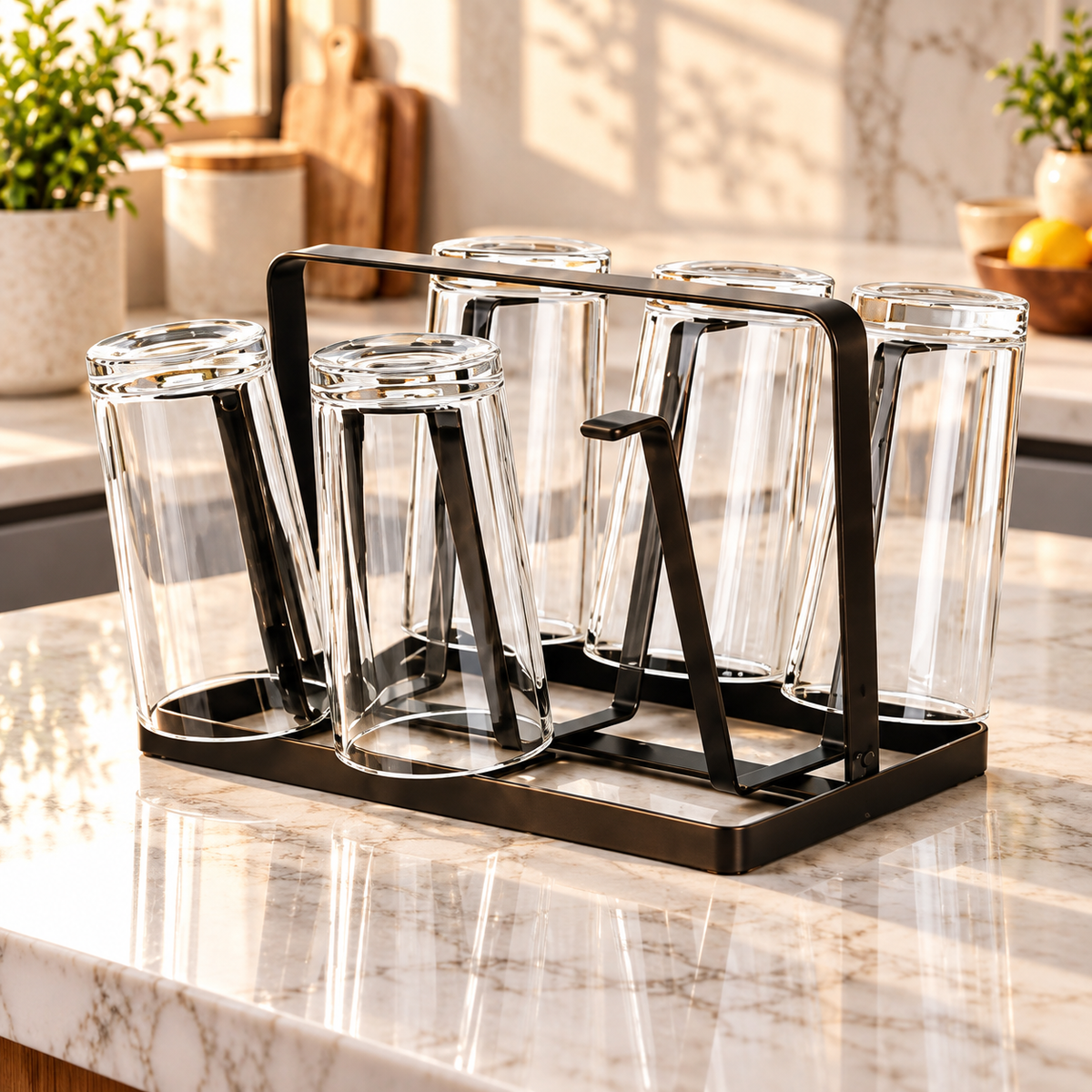 Bronze metal stand holding glasses upside down