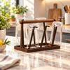 Metal glass stand with wooden carrying handle
