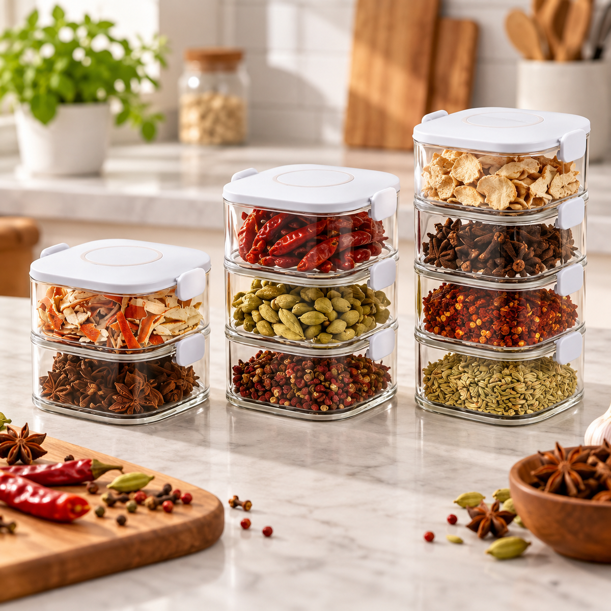 Stackable clear seasoning boxes in two three and four layer options