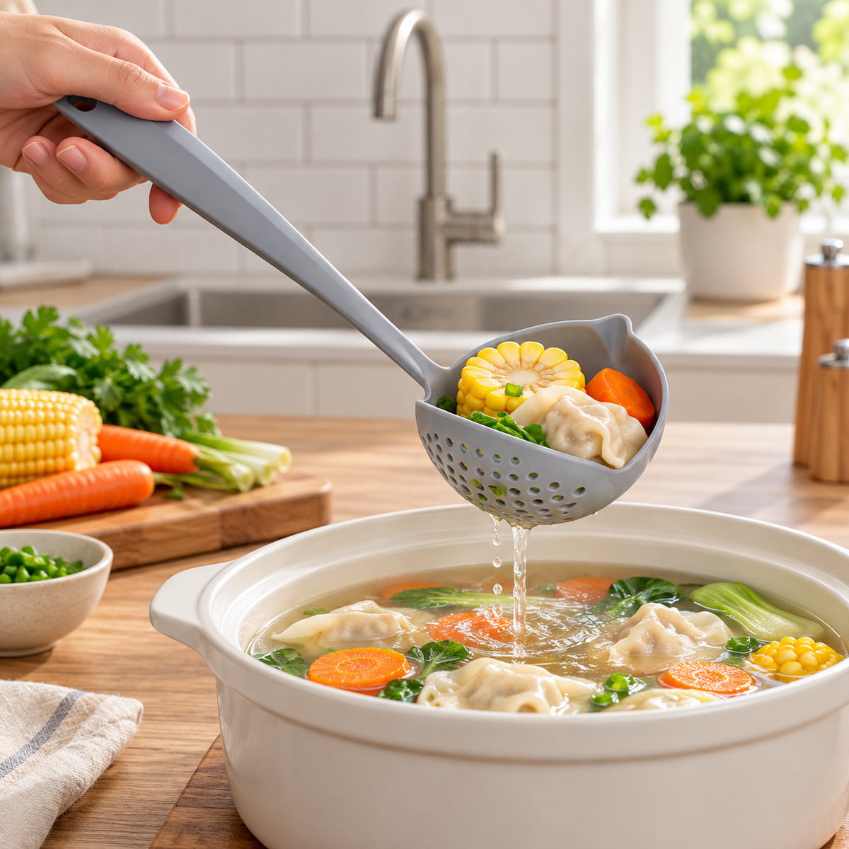 Gray two in one long handle soup spoon and strainer