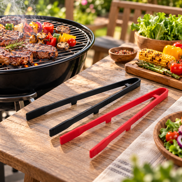 Long silicone barbecue and kitchen serving tongs