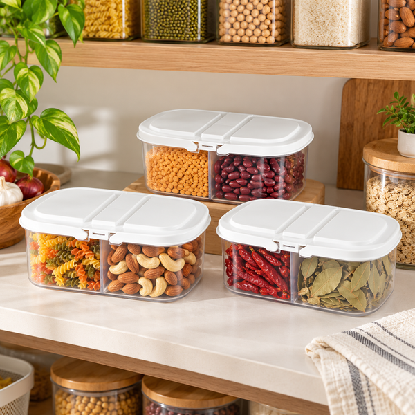 Three piece twin compartment pantry storage box set