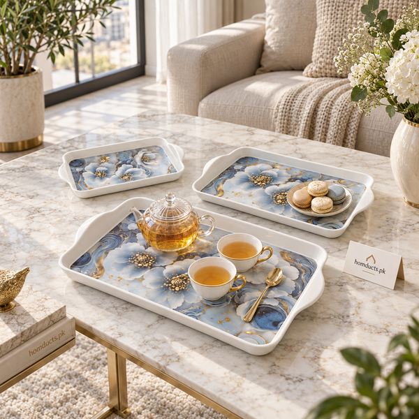 Luxury 3-Piece Blue Floral Serving Tray Set