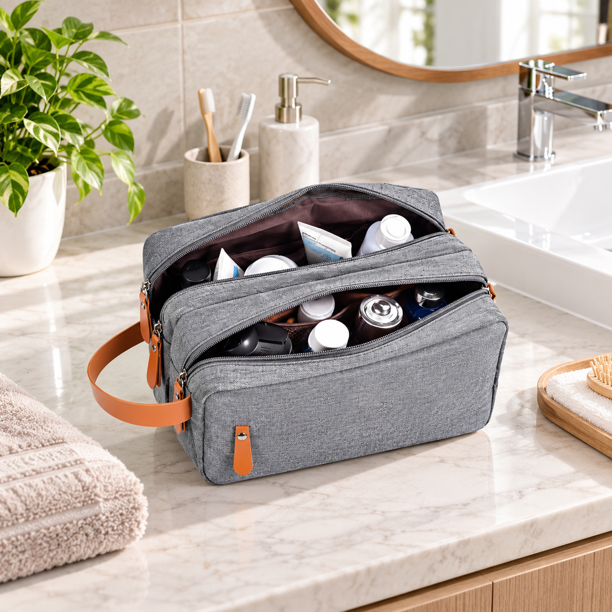 Large double zipper travel toiletry organizer bag