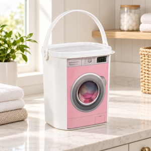 Pink and white washing machine-style multipurpose storage bucket with lid and handle