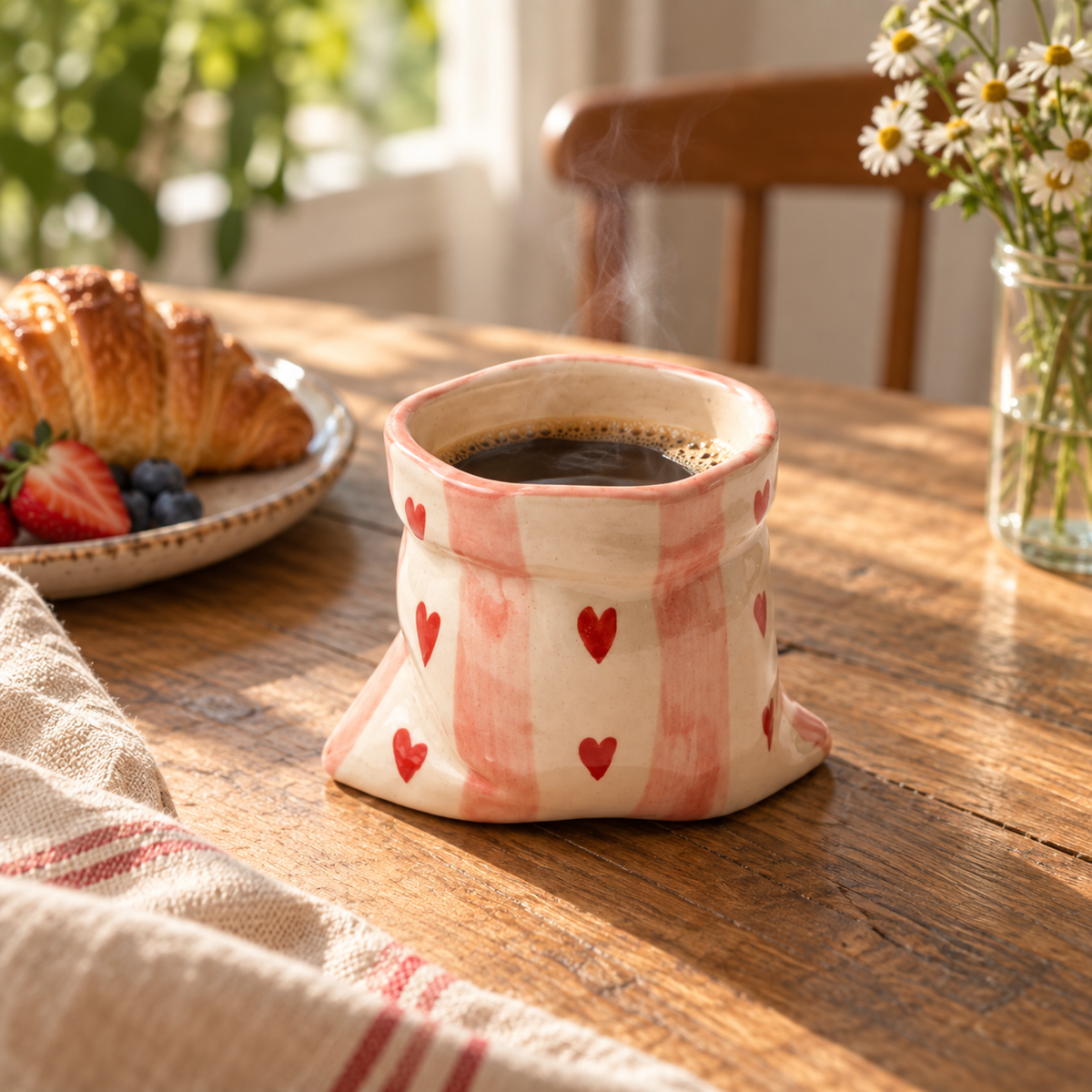 Handmade heart ceramic cup filled with coffee