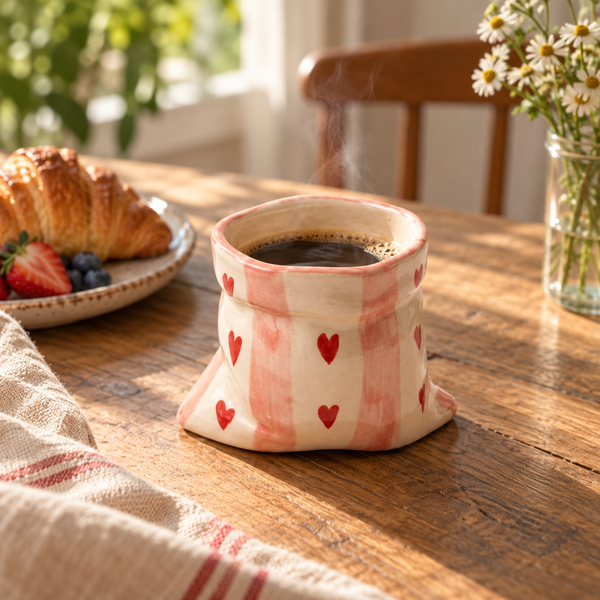 Handmade heart ceramic cup filled with coffee
