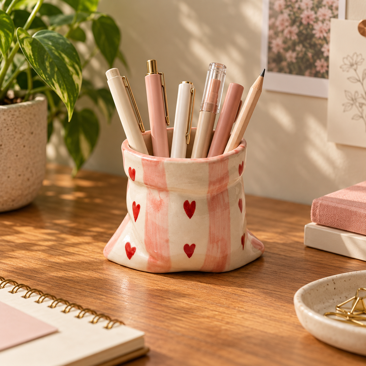 Handmade heart ceramic decorative pen holder