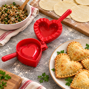 Red heart-shaped dumpling mold in kitchen
