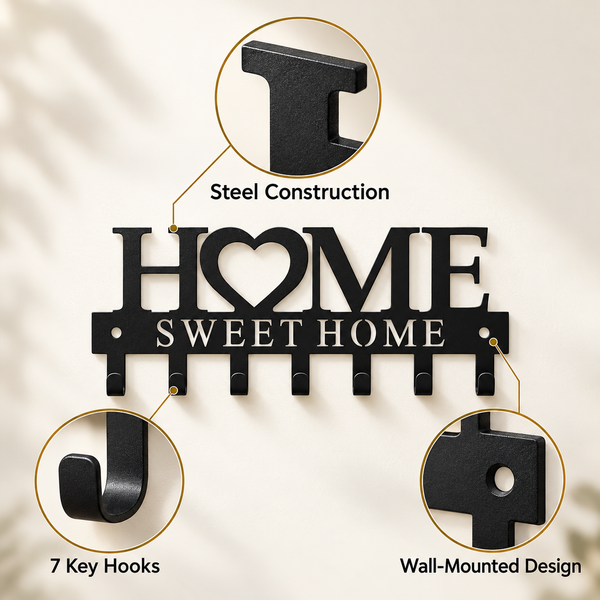 Heart Home Sweet Home steel wall key holder feature details
