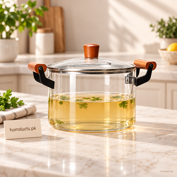 Heat-resistant transparent glass cooking pot with lid and wooden handles