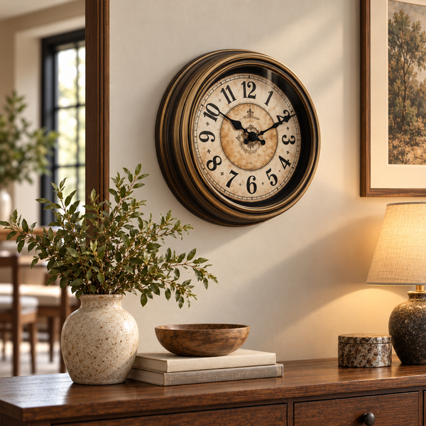 Heritage antique classic wall clock in a styled living room