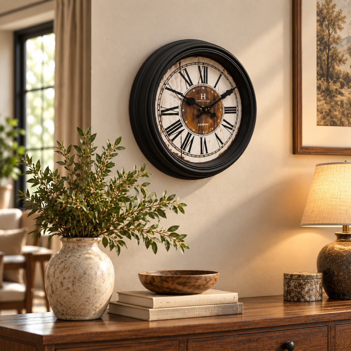 Heritage vintage Roman numeral wall clock in a styled living room