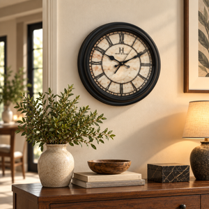 Heritage classic Roman numeral wall clock in a styled interior