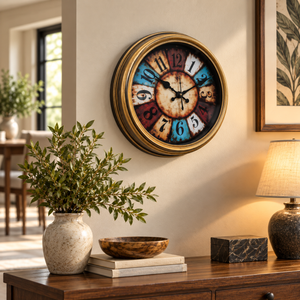 Heritage gold multicolor vintage wall clock in a styled room