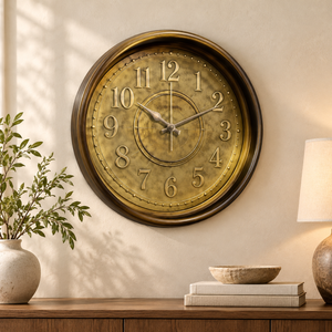 Heritage Momentum antique gold 15-inch wall clock displayed in an elegant living room