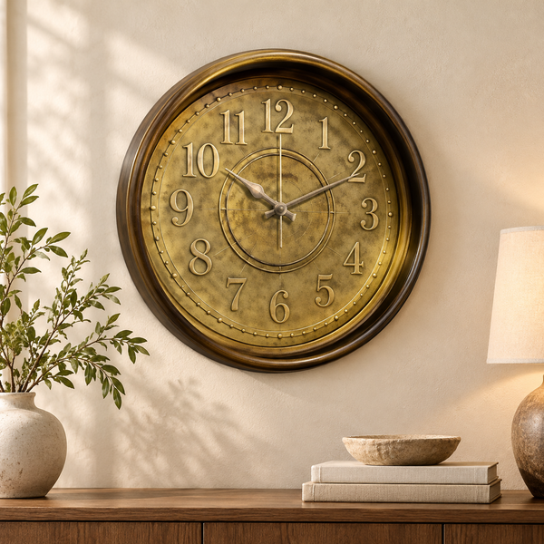 Heritage Momentum antique gold 15-inch wall clock displayed in an elegant living room