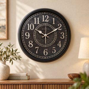 Heritage Momentum classic black 15-inch wall clock displayed in an elegant living room
