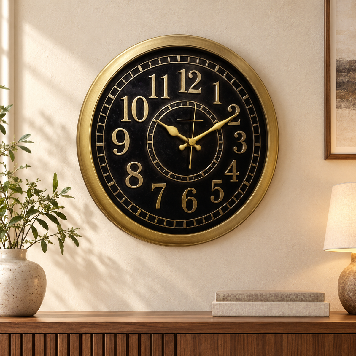 Heritage Momentum black and gold 15-inch wall clock displayed in an elegant living room