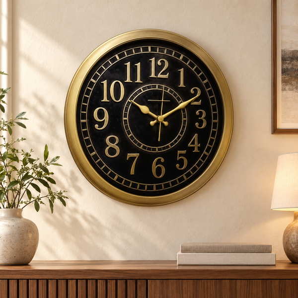 Heritage Momentum black and gold 15-inch wall clock displayed in an elegant living room