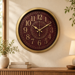 Heritage Momentum burgundy and gold 15-inch wall clock displayed in an elegant living room