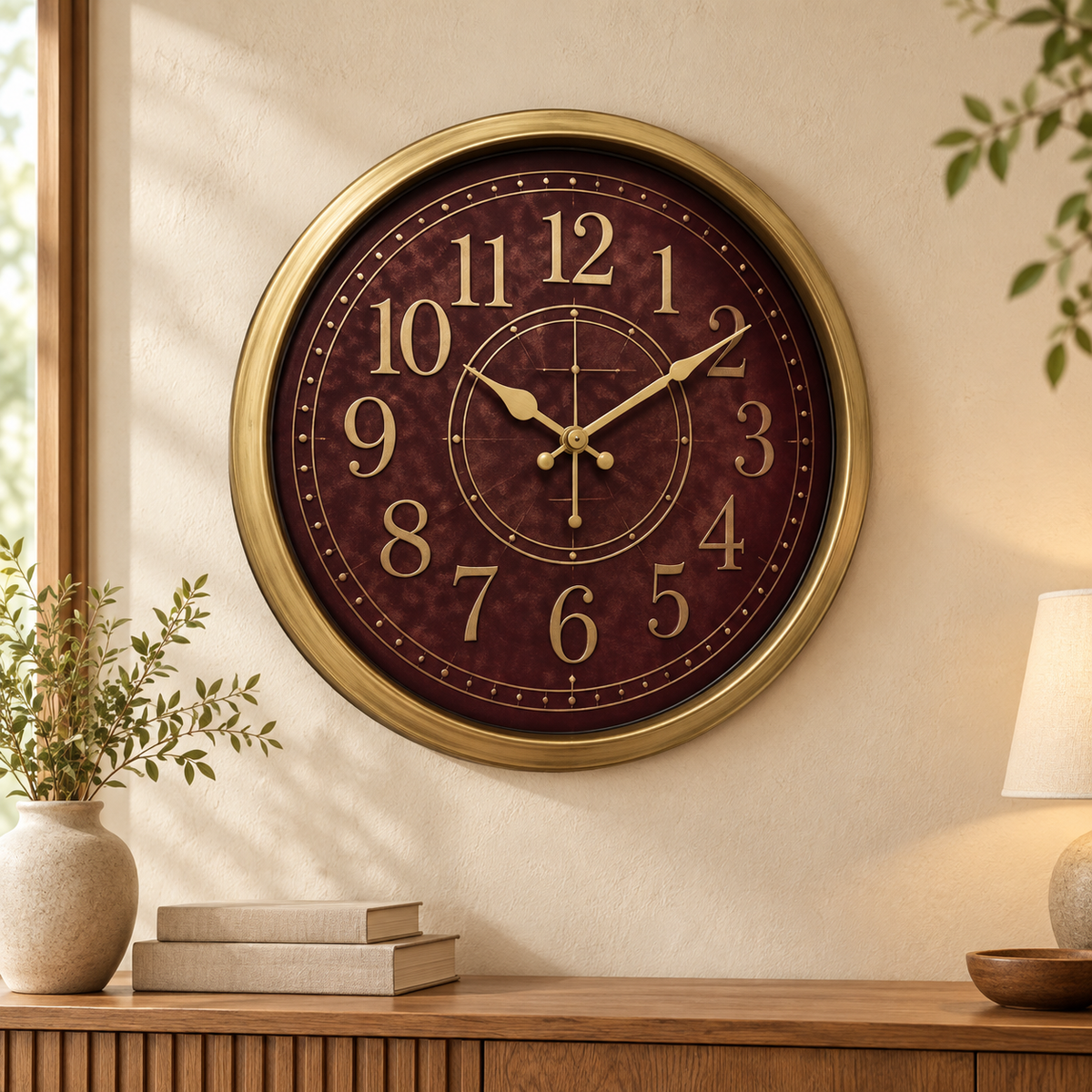 Heritage Momentum burgundy and gold 15-inch wall clock displayed in an elegant living room
