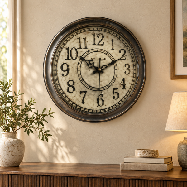 Heritage Momentum vintage ivory 15-inch wall clock displayed in an elegant living room