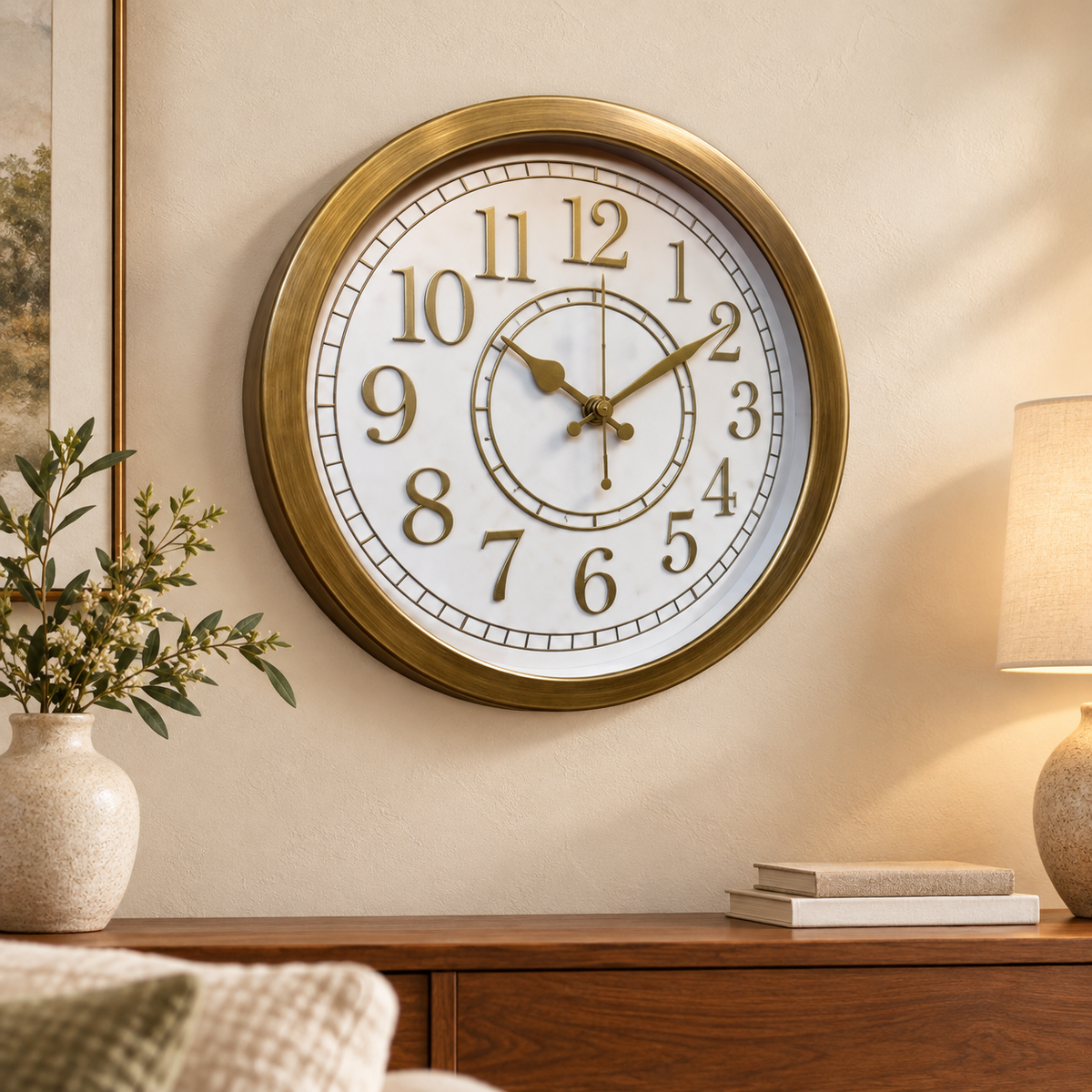 Heritage Momentum white and gold 15-inch wall clock displayed in an elegant living room
