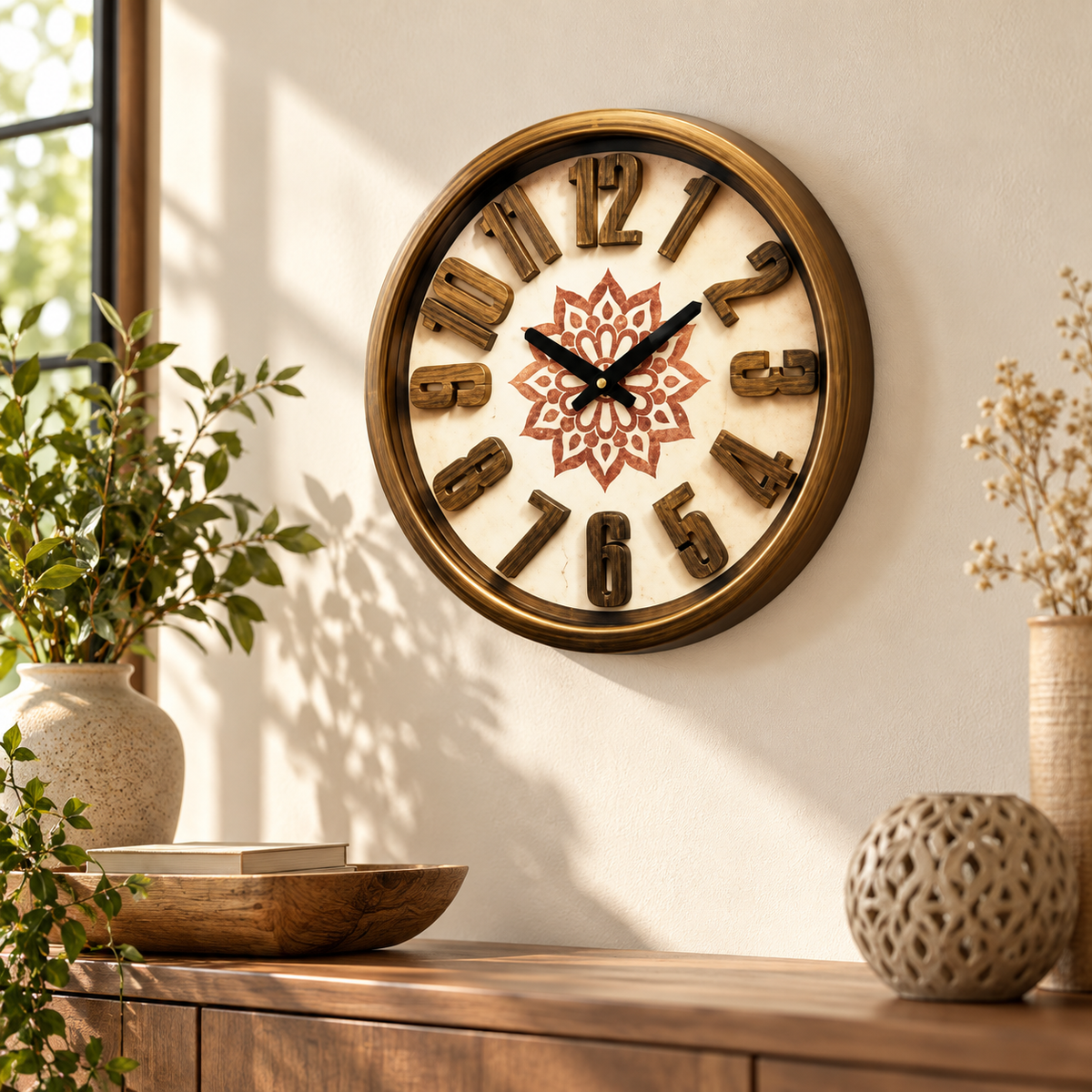 Heritage Sunset 3D 15-Inch Floral Raised Number Wall Clock displayed in a premium interior