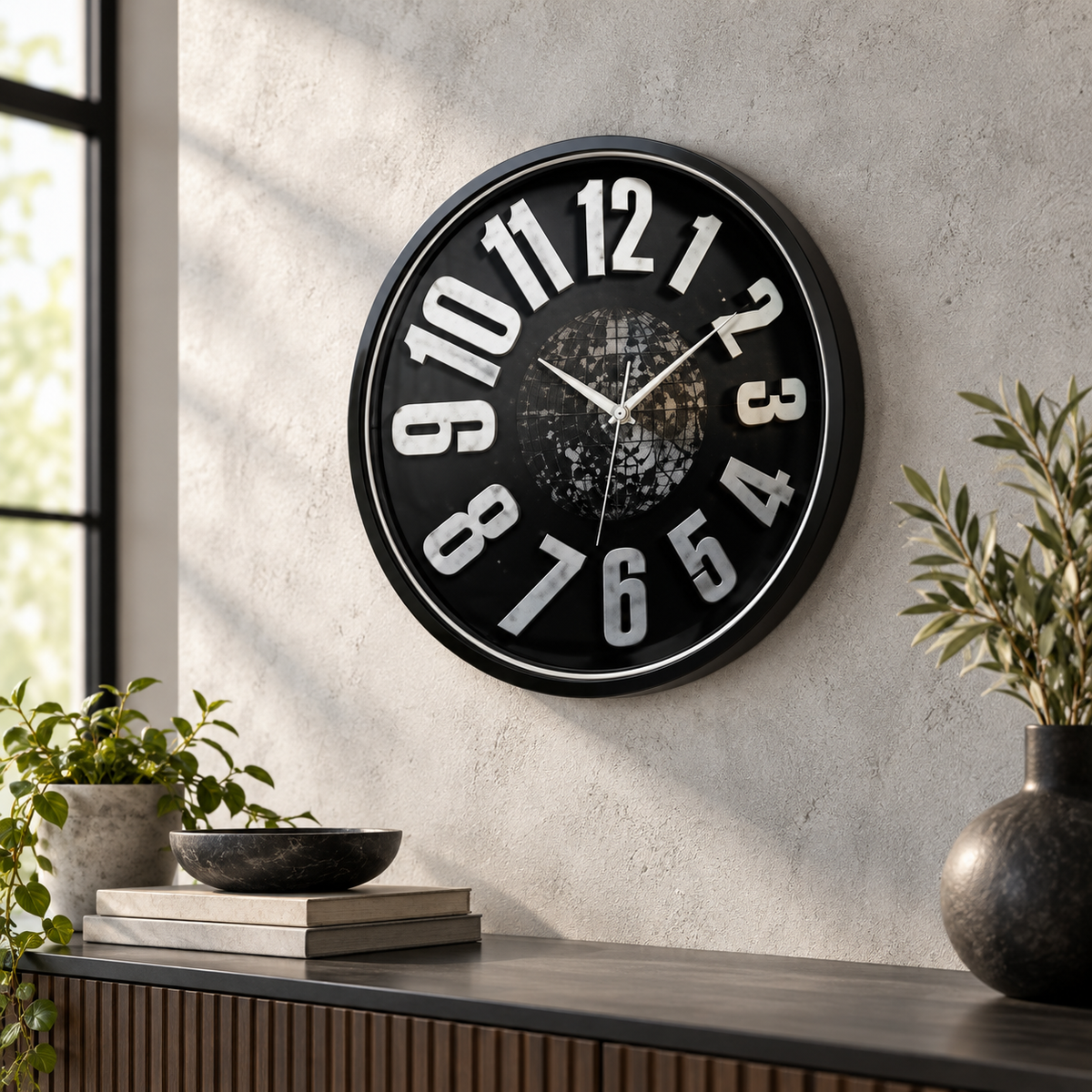 Heritage Sunset 3D 15-Inch World Map Statement Wall Clock displayed in a premium interior