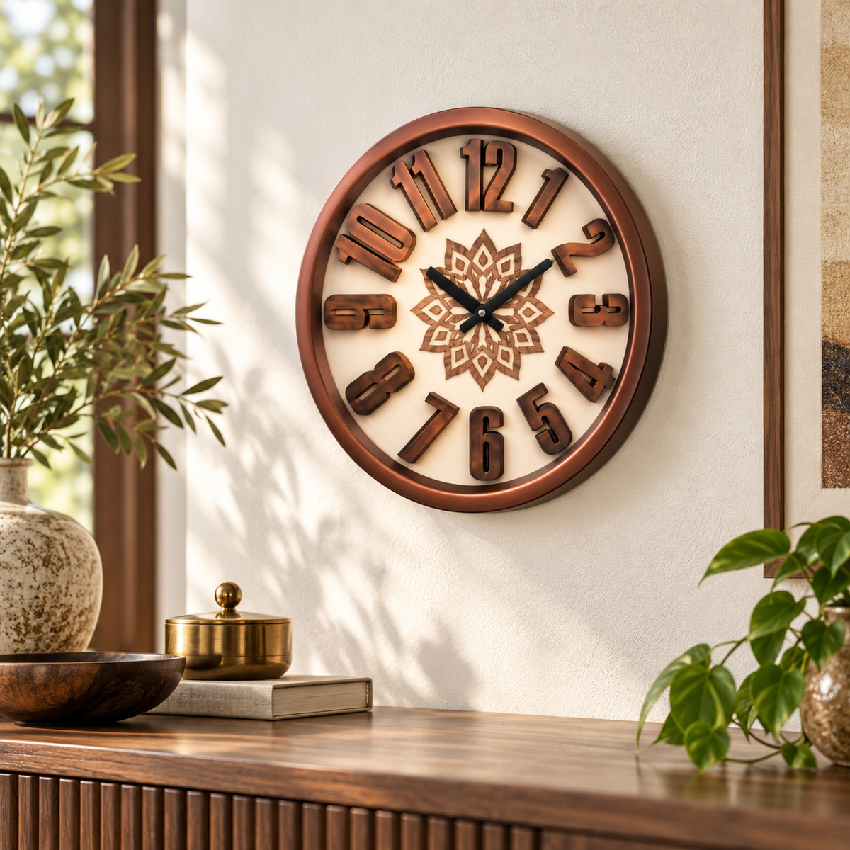 Heritage Sunset 3D 15-Inch Copper Floral Wall Clock displayed in a premium interior