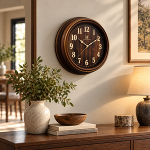 Heritage wood look wall clock in a styled living room