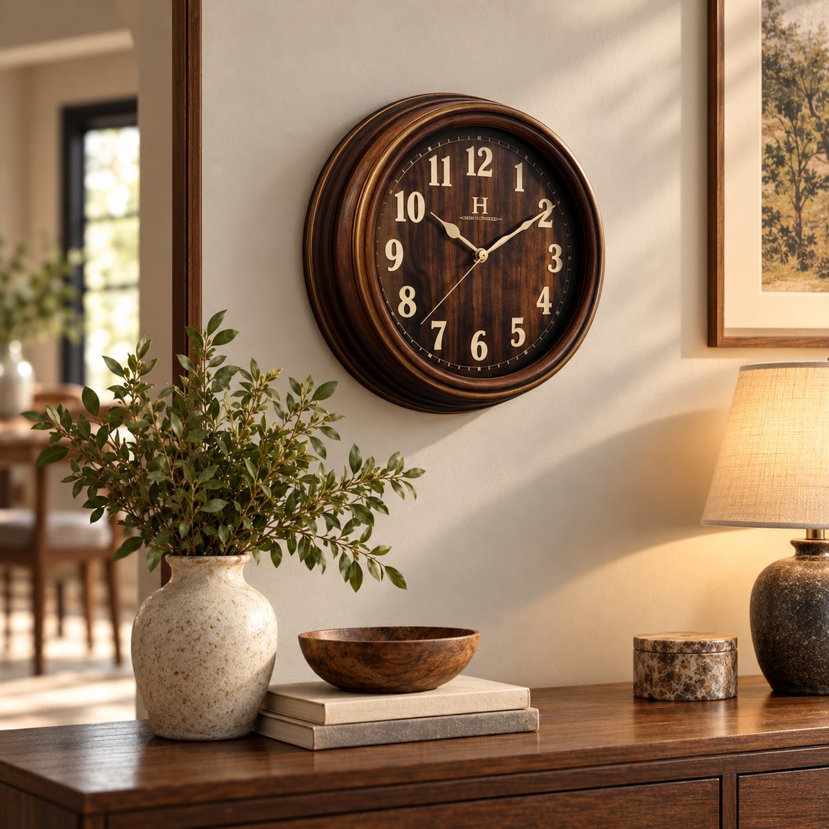 Heritage wood look wall clock in a styled living room