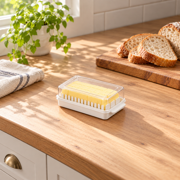 White butter and cheese storage box with slotted guide and clear lid on a kitchen counter