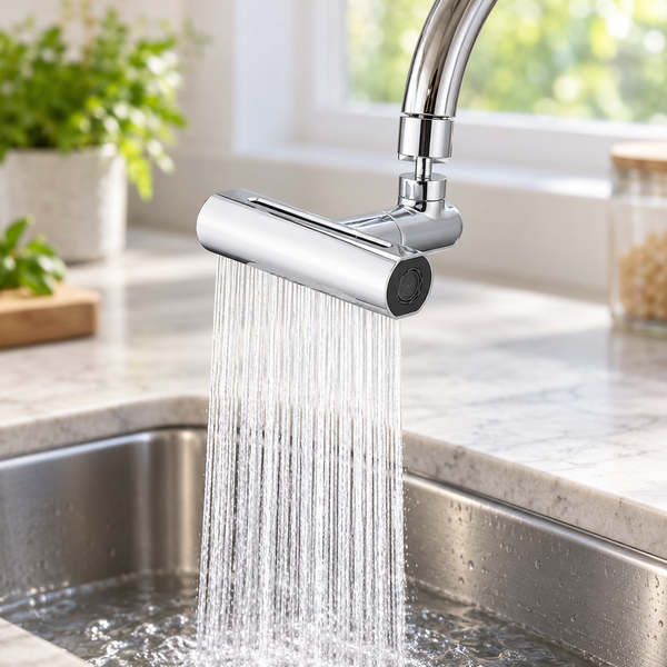 Silver-colour four-mode faucet attachment installed over a kitchen sink