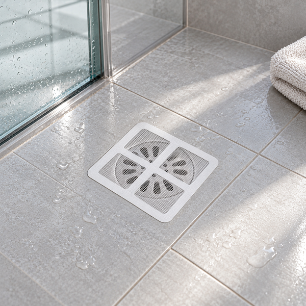 Flat disposable mesh drain cover over a bathroom drain