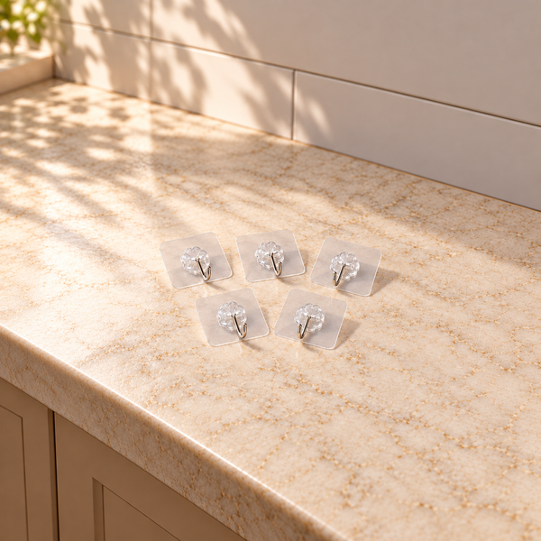 Five clear adhesive hooks with flower-shaped mounts and silver steel hooks