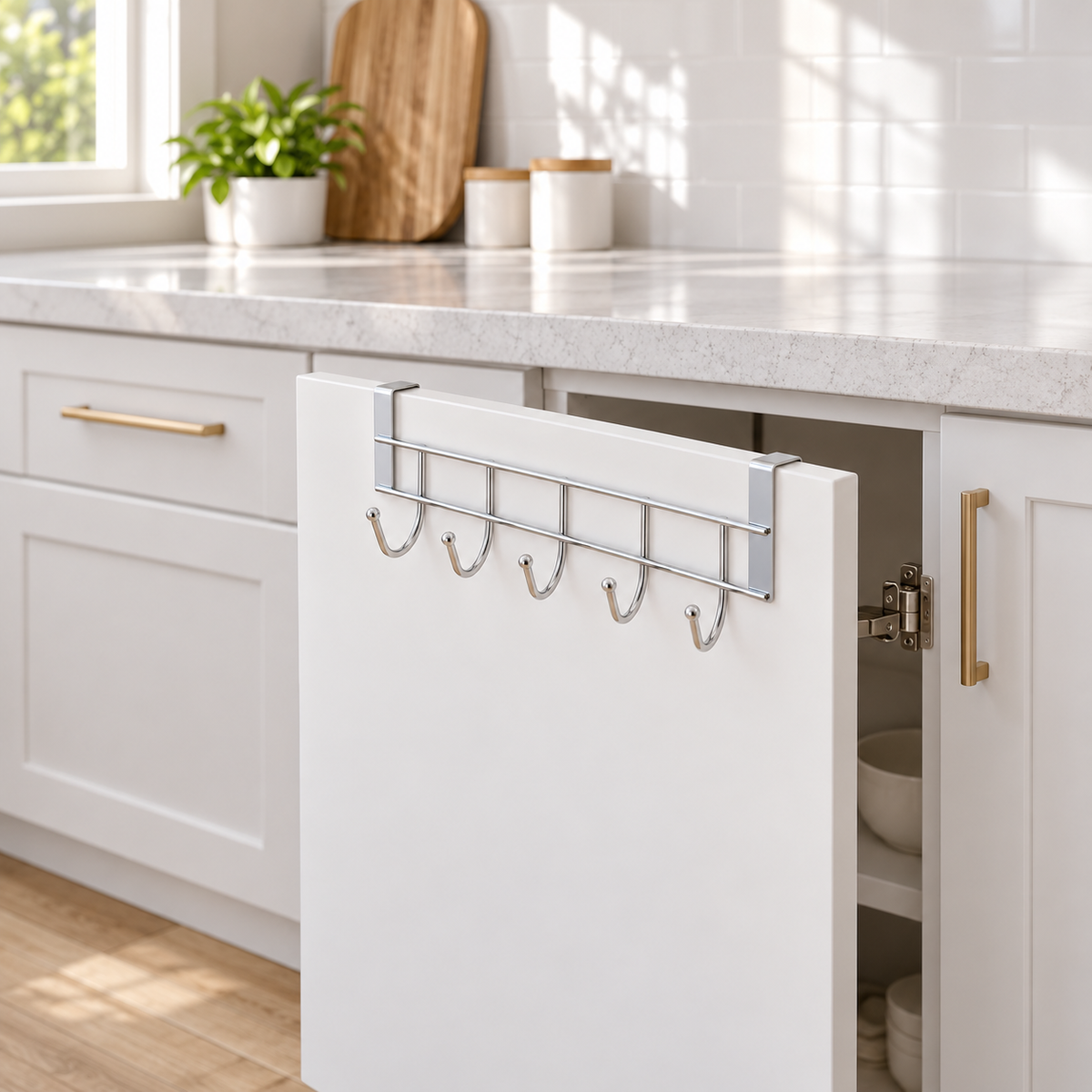 Silver five-hook over-door rack with two rails on a cabinet door