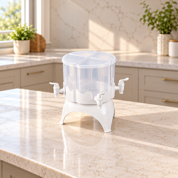 Four separate clear drink reservoirs with white taps in a rotating white cradle