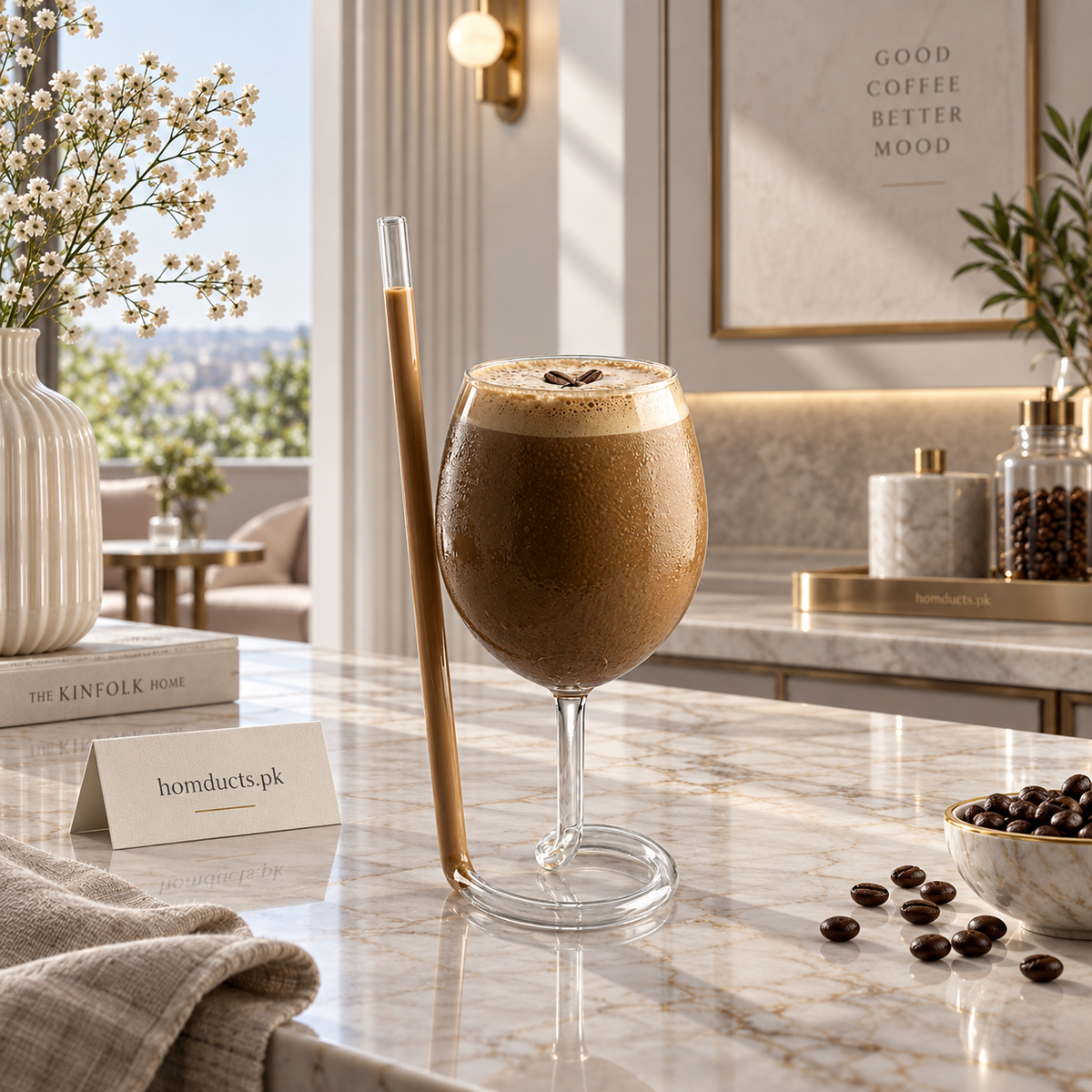 Luxury Goblet Glass Sipper Cup with Loop Straw – Clear Iced Coffee & Juice Glass